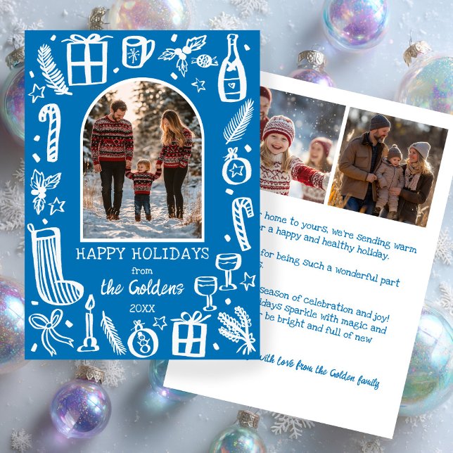 Cartão De Festividades Whimsical Christmas  Cute Custom Arch 3 PHOTO  (Whimsical Christmas Doodle Hand-drawn Sketch Blue Cute Custom Arch 3 PHOTO Winter Holiday Card
)