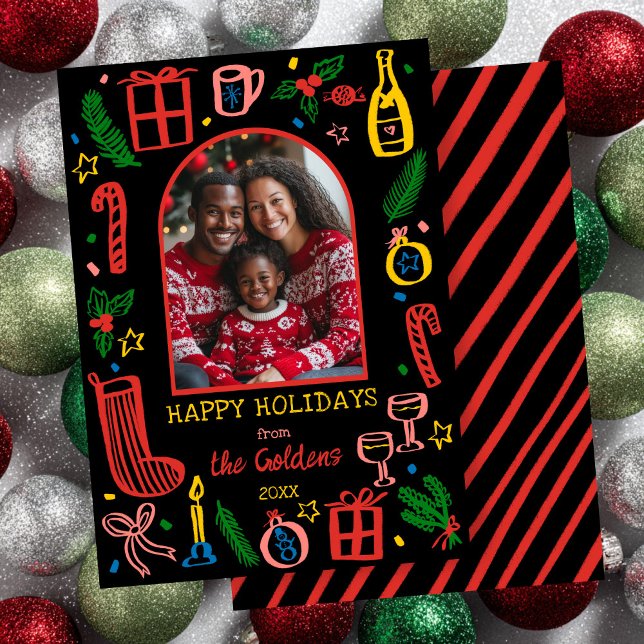 Cartão De Festividades Whimsical Christmas  Cute Custom Arch PHOTO  (Whimsical Christmas Doodle Sketch Hand-drawn Cute Custom Arch PHOTO Holiday Card
)