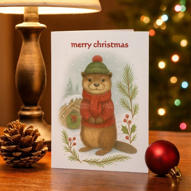 Cartão De Festividades Whimsical Christmas Otter  (“Woodland otter Christmas card with cozy winter scene—festive, kid-friendly, and nature inspired.”)