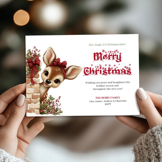 Cartão De Festividades Whimsical Christmas peeking baby deer greeting  (Whimsical Christmas peeking baby deer greeting card)