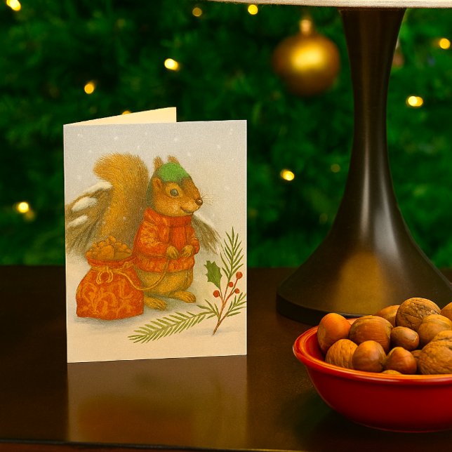 Cartão De Festividades Whimsical Christmas Squirrel Wildlife  (Whimsical squirrel Christmas card with pencil-style illustration, woodland charm, and holiday cheer.)