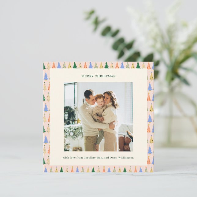 Cartão De Festividades Whimsical Christmas Tree Border Photo Family Cute (Em pé/Frente)