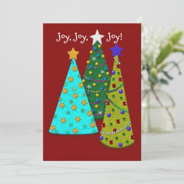 Cartão De Festividades Whimsical Christmas Trees Faux Felt Look (Em pé/Frente)