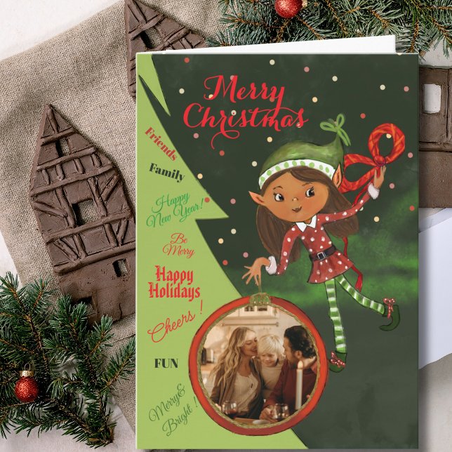 Cartão De Festividades Whimsical Elf Girl Photo Christmas Card | Green (Whimsical Elf Girl Photo Christmas Card  Green)