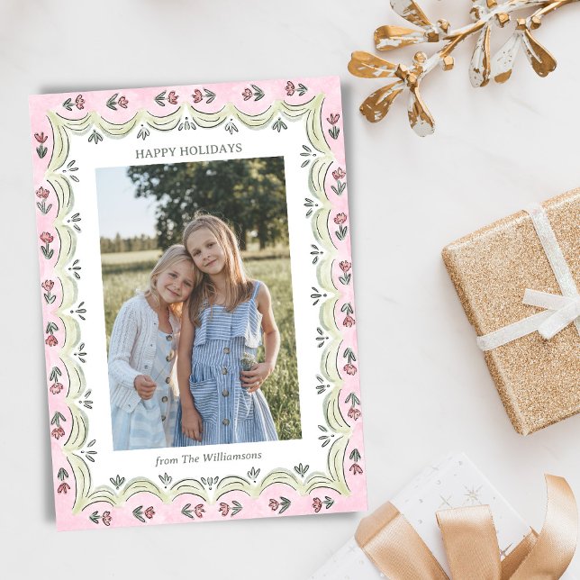 Cartão De Festividades Whimsical Floral Pink Green Modern Christmas Photo (Criador carregado)