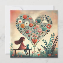 Whimsical Girl and Cat Beside a Floral Heart 