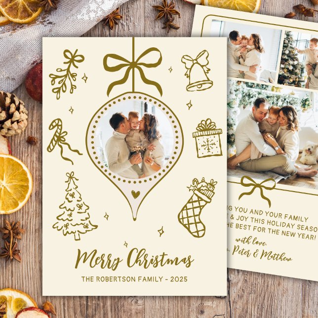 Cartão De Festividades Whimsical Gold Hand Drawn Photo Merry Christmas (Criador carregado)