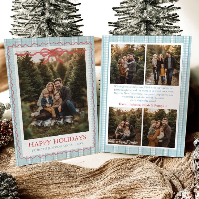 Cartão De Festividades Whimsical Grandmillenial Blue Bow Family Photo (Whimsical Grandmillenial Blue Bow Family Photo Holiday Card)