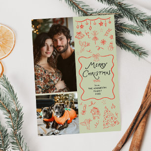 Cartão De Festividades Whimsical Green Red Hand Desenhou Natal 2 Foto