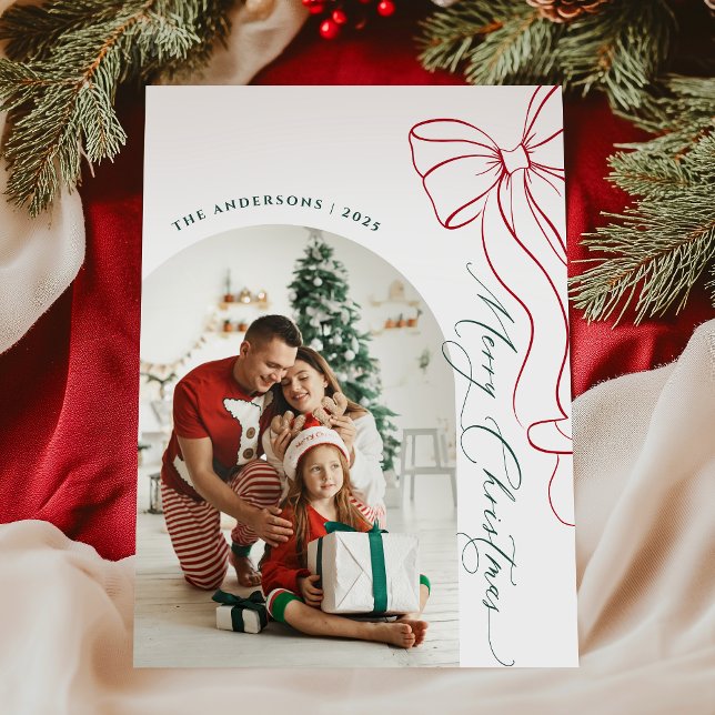 Cartão De Festividades Whimsical Hand Drawn Bow Red Christmas Photo Card (Criador carregado)