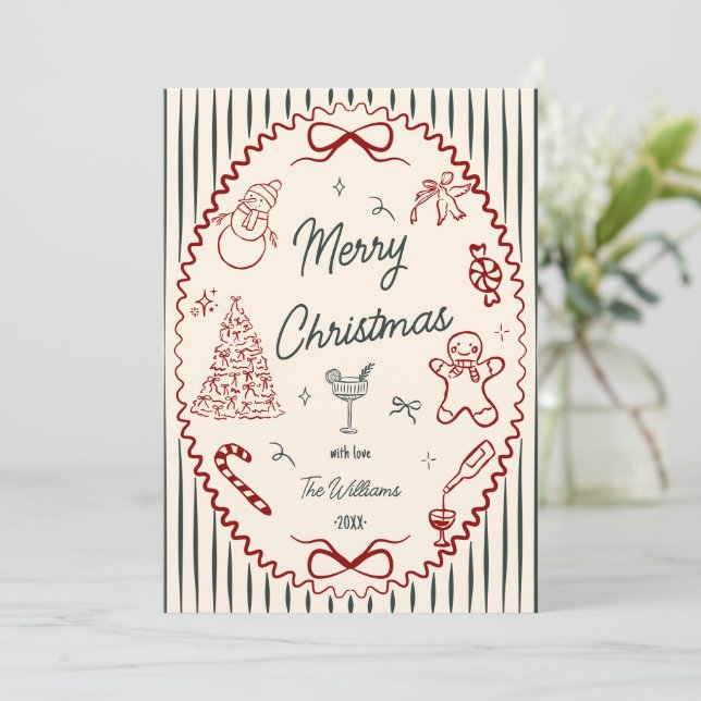 Cartão De Festividades Whimsical Hand Drawn Doodles Christmas Photo (Em pé/Frente)