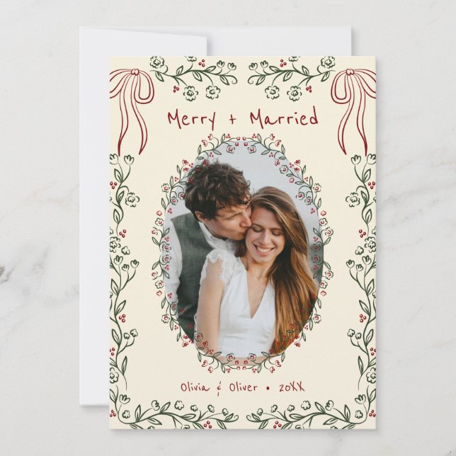 Cartão De Festividades Whimsical Hand Drawn Floral Photo Newlywed (Frente)