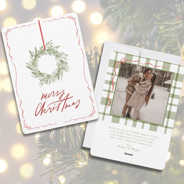 Cartão De Festividades Whimsical Hand Drawn Wreath Foto de Natal (Whimsical Hand Drawn Wreath Photo Christmas Holiday Card)