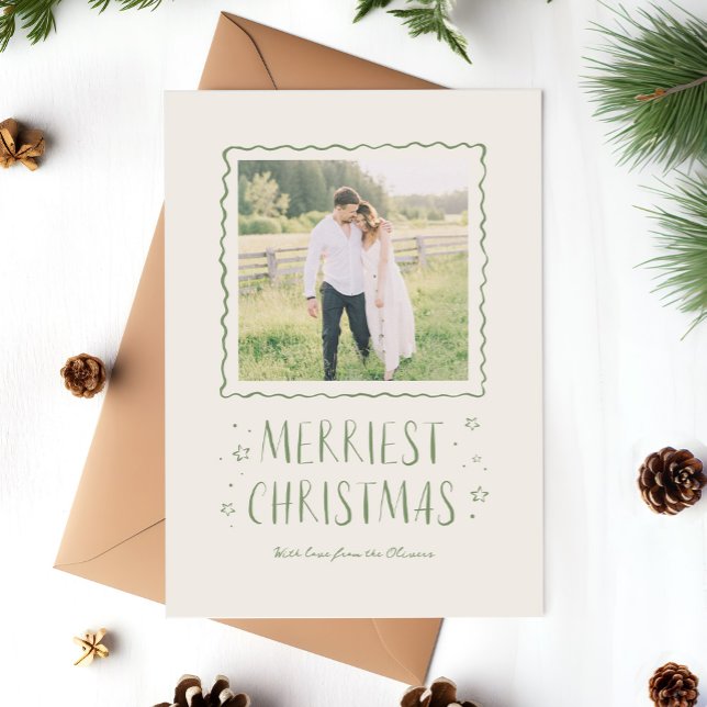 Cartão De Festividades Whimsical Handescrita Feliz Natal Verde (whimsical handwritten Merry Christmas photo card in green)