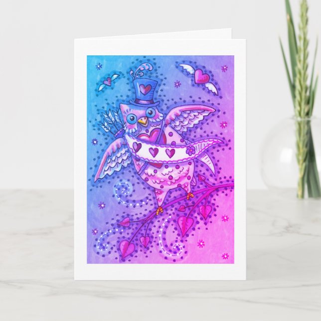 CARTÃO DE FESTIVIDADES WHIMSICAL HOOOTS N' COARDAS CUPID OWL NAMORADOS (Frente)