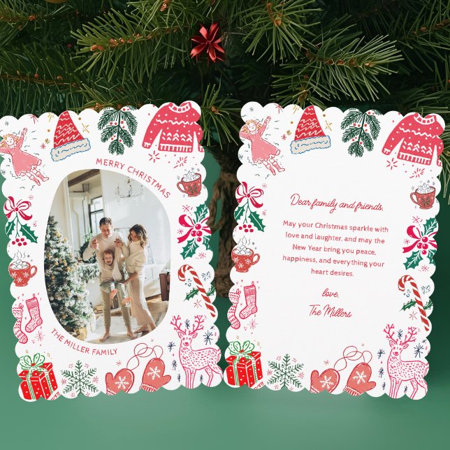 Cartão De Festividades Whimsical Illustrated Colorful Christmas Photo (Criador carregado)