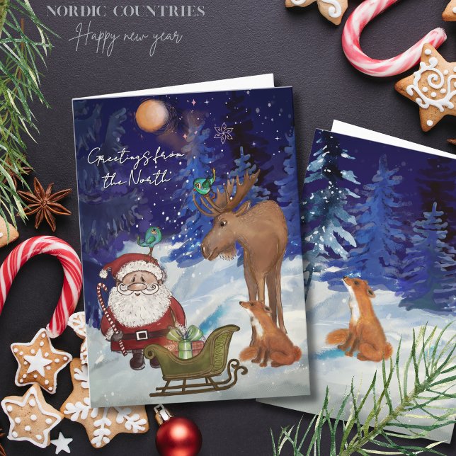 Cartão De Festividades Whimsical Julenisse,Nordic Moose & Fox Winter  (Whimsical Julenisse,Nordic Moose & Fox Winter Holiday Card)