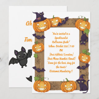 Cartão De Festividades Whimsical Pumpkin and Black Cat Halloween Invite