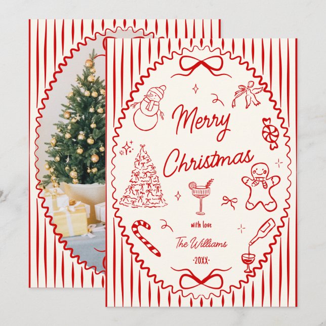 Cartão De Festividades Whimsical Red Hand Drawn Doodles Christmas Photo  (Frente/Verso)
