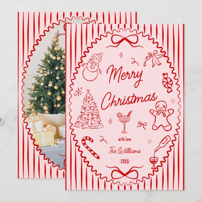 Cartão De Festividades Whimsical Red Pink Hand Drawn Christmas Photo  (Frente/Verso)