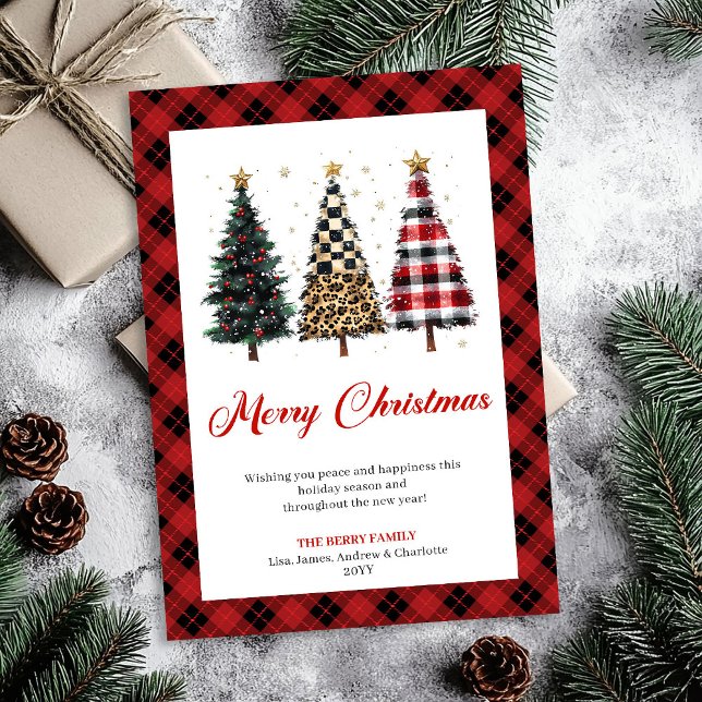 Cartão De Festividades Whimsical Red Plaid Christmas Tree Leopard Pattern (Whimsical Red Plaid Christmas Tree Leopard Pattern)