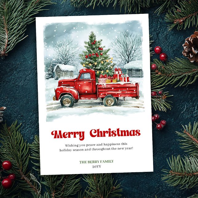 Cartão De Festividades Whimsical Rustic Red Truck Holiday Scene Greeting (Whimsical Rustic Red Truck Holiday Scene Greeting)
