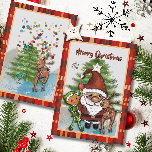 Cartão De Festividades Whimsical Santa, Deer & Elf Boy Plaid Christmas (Whimsical Santa, Deer & Elf Boy Plaid Christmas Holiday Card)