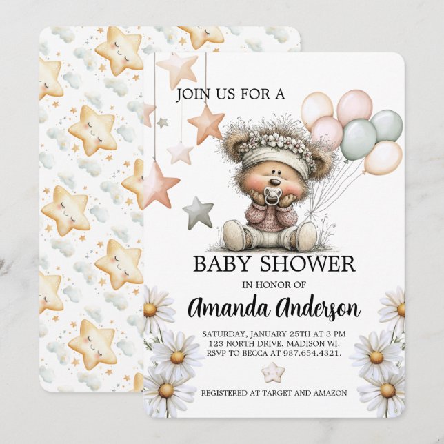 Cartão De Festividades Whimsical Teddy Bear Baby Shower Invitation (Frente/Verso)