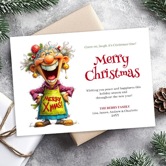 Cartão De Festividades Whimsy Cartoon Woman Merry Christmas Greeting (Whimsy Cartoon Woman Merry Christmas Greeting)