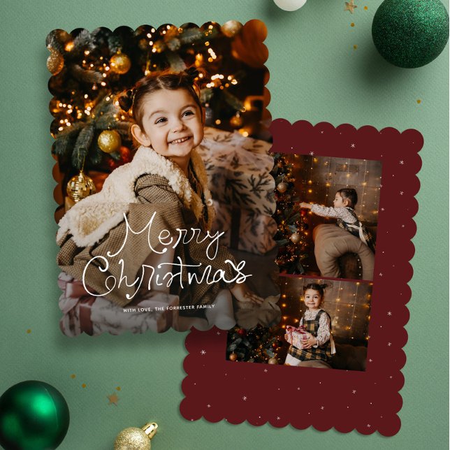 Cartão De Festividades Whimsy script Merry Christmas three photo red (Criador carregado)