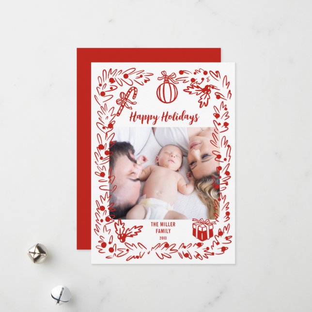 Cartão De Festividades White and red Christmas Photo Card whimsical (Frente/Verso In Situ)