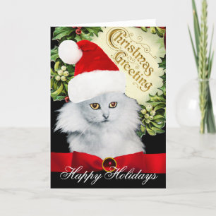 CARTÃO DE FESTIVIDADES WHITE CHRISTMAS CAT WITH SANTA CLAUS HAT
