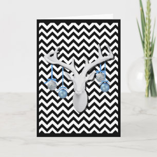 Cartão De Festividades White Deer with Blue Ornaments on Chevron Holiday