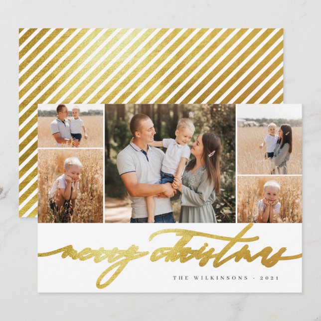 Cartão De Festividades White Dourado Script 5 Fotografia Colagem Feliz Na (Frente/Verso)