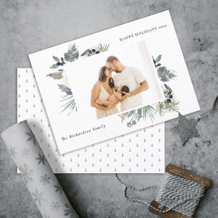 Cartão De Festividades White Dusky Green Foliage Photo Happy