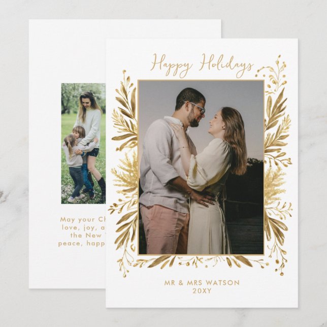 Cartão De Festividades White Gold Winter Botanical Christmas 4 Photo  (Frente/Verso)