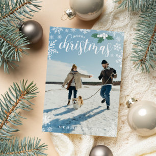 Cartão De Festividades White Holly Snowflakes Foto de Natal Feliz