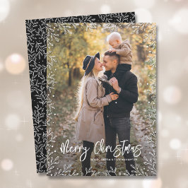 Cartão De Festividades White Leaf Border Christmas Photo Black
