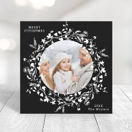 Cartão De Festividades White Modern Boho Wildflower Black Square Foto