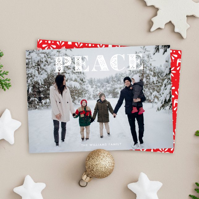 Cartão De Festividades White Peace Scandi Folk Art Foto (white Swedish folk art style PEACE Christmas full-bleed photo holiday card)