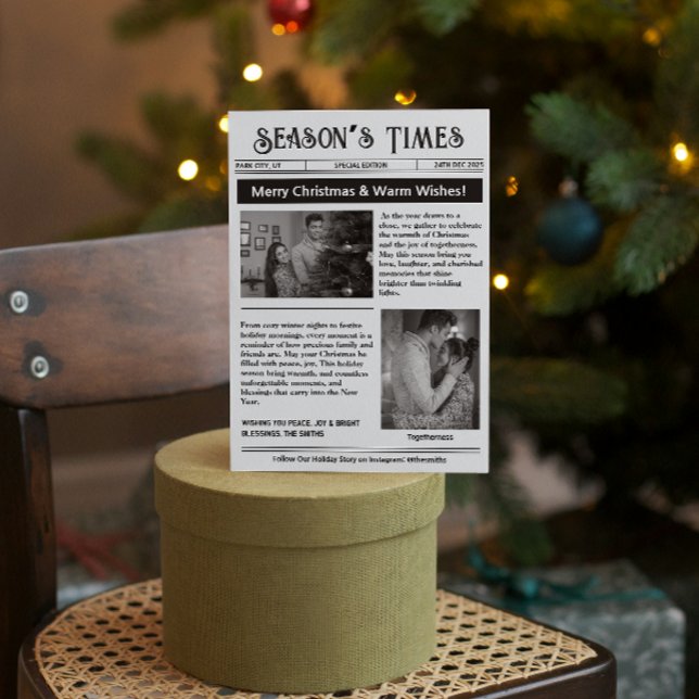 Cartão De Festividades White Preto Natal Múltiplo por Foto em Newsletter (newspaper black and white unique classic vintage simple modern photo collage multi photo pictures )