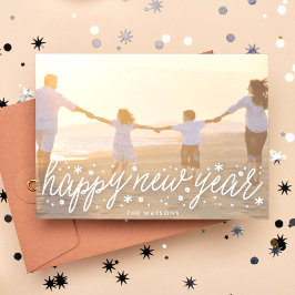 Cartão De Festividades White Script Big Photo Happy New Year Holiday Card