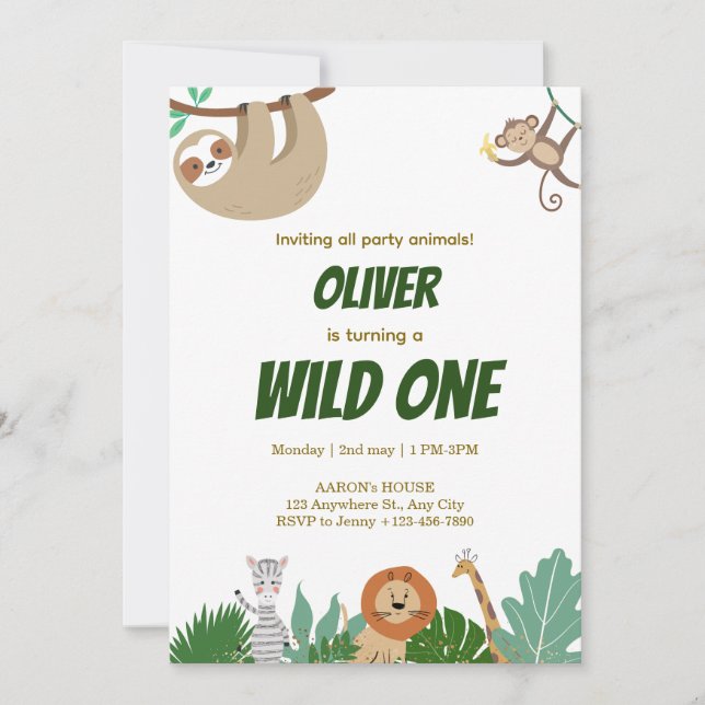 Cartão De Festividades Wild One Jungle Animals Birthday Party Design (Frente)