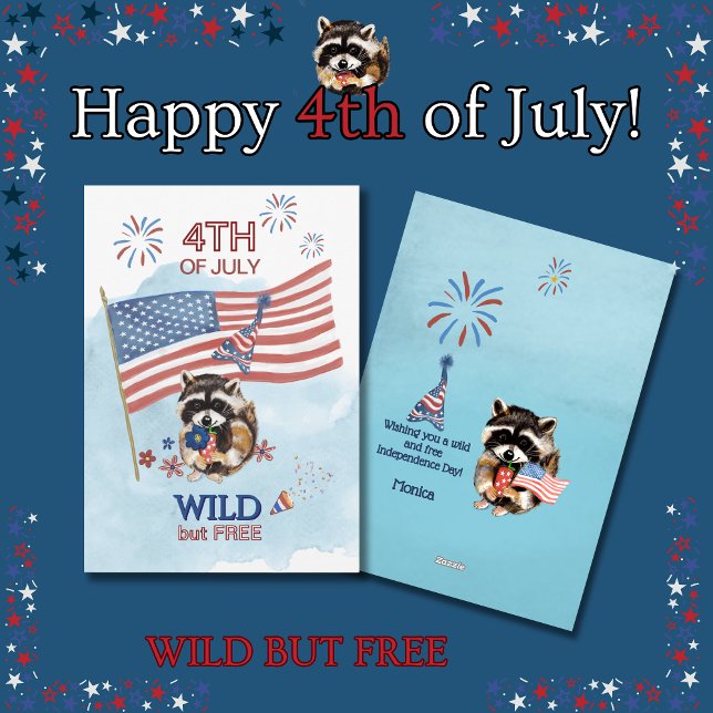 Cartão De Festividades Wild Raccoon Girl comemora o quarto de julho (Wild Raccoon Girl Celebrates Fourth of July Holiday Card)