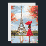 Cartão De Festividades Wind Romance Paris Chic Walk<br><div class="desc">Uma mulher graciosa com um guarda-chuva vermelho cai em direção à Torre Eiffel em uma brisa suave do outono. Charme romântico parisiense em tons vermelhos e dourados.</div>