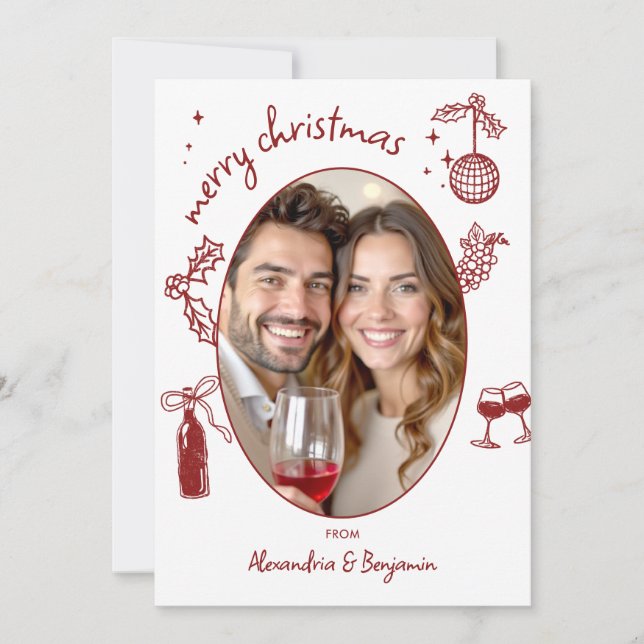 Cartão De Festividades Wine Lover Hand-Drawn Whimsical Photo Holiday Card (Frente)