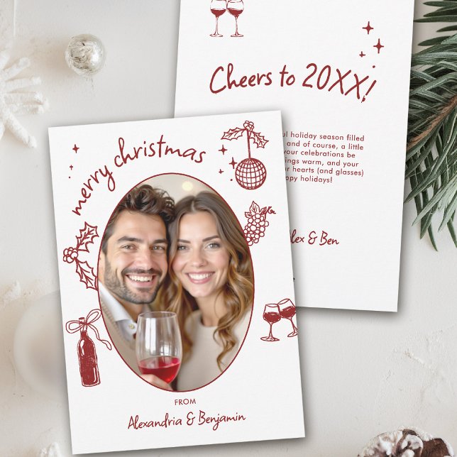 Cartão De Festividades Wine Lover Hand-Drawn Whimsical Photo Holiday Card (wine lover holiday christmas photo card drinks hand drawn winery friendsmas)