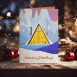 Cartão De Festividades Winter A Frame Ski Chalet Retro<br><div class="desc">Personalize para sua placa comercial ou familiar com a ilustração original de uma imagem A por Becky Nimoy; adicione fotos ao dentro conforme desejado.</div>
