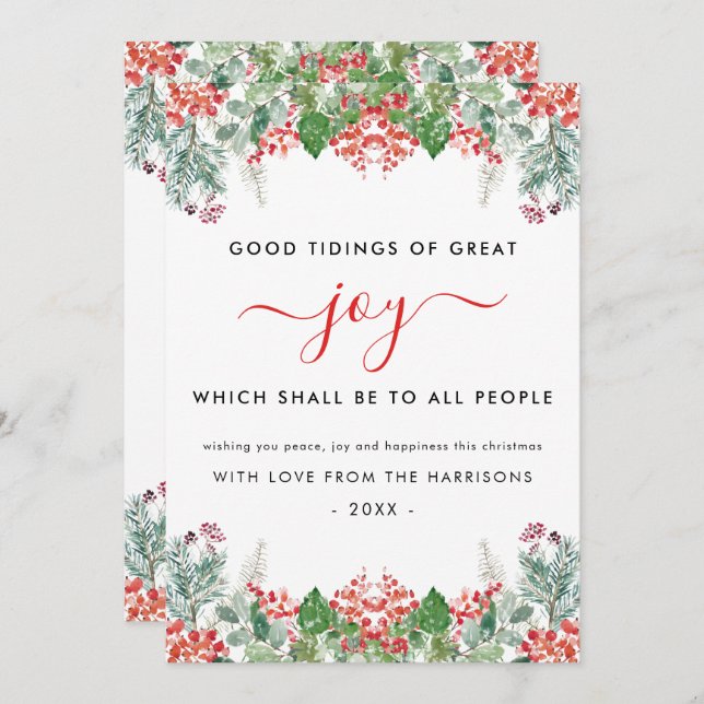 Cartão De Festividades Winter Berries Greenery Joy Christian Christmas (Frente/Verso)