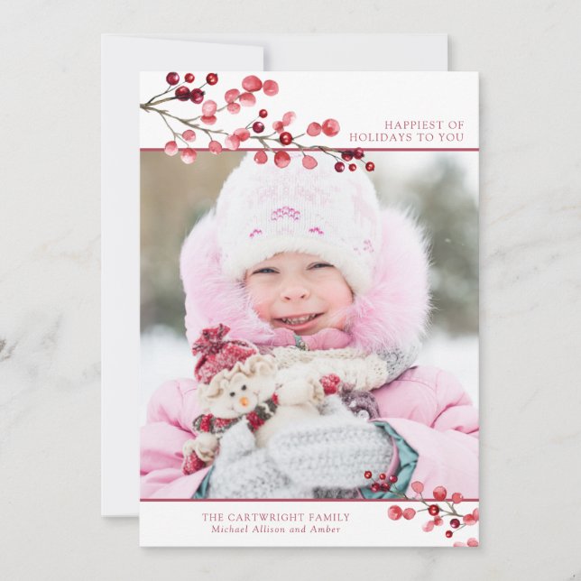Cartão De Festividades Winter Berries Happy Holidays One Photo (Frente)